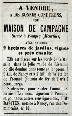 Annonce de la mise en vente d'une maison de campagne à Pompey