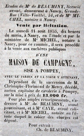 Annonce de la mise en vente d'une maison de campagne à Pompey