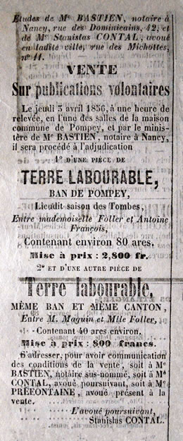 Annonce de mise en vente de terrains à Pompey