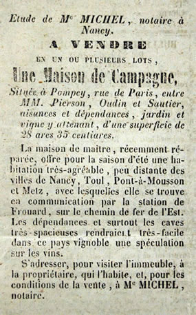 Annonce de la mise en vente d'une maison de campagne à Pompey