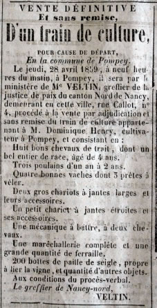 Vente d'un train de culture à Pompey