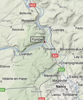 carte situant Pompey au nord  de Nancy