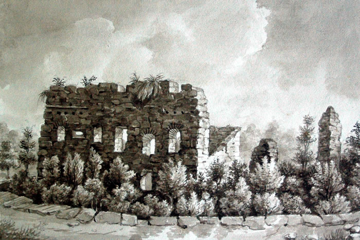 Les ruines du chateau de Custines (Condé) en 1842 par Charles François GUIBAL, vue du côté Sud