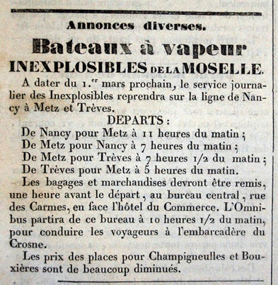 Annonce de remise en fonction du service journalier des bateaux à vapeur inexplosible sur la Moselle