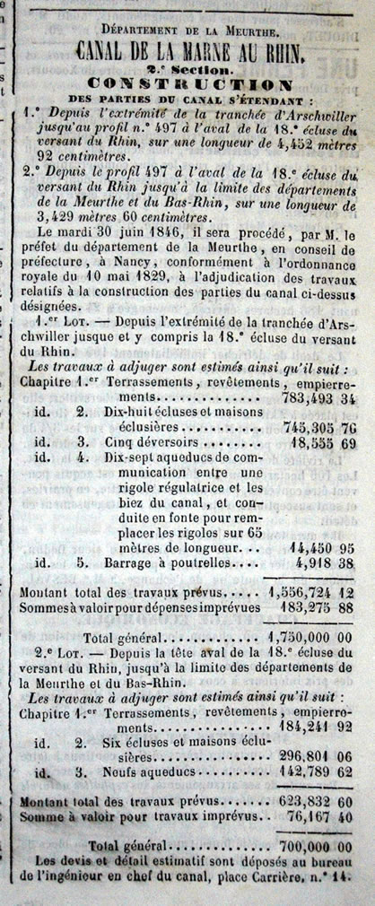 Appel d'offres pour une partie de la construction du canal de la Marne au Rhin