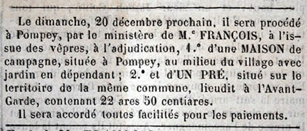 Vente à Pompey d'une maison de campagne et d'un pré