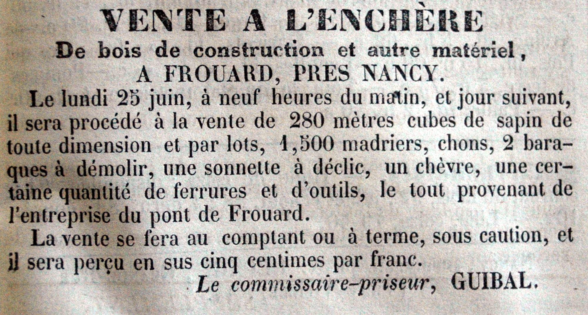 Vente à l'enchère des matériaux ayant servis à la constuction du pont de chemin de fer