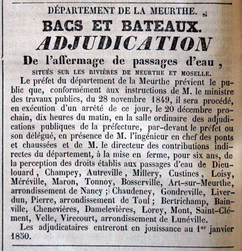 adjudication de l'affermage de passages d'eau situés sur les rivières de Meurthe et Moselle.