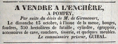 Vente aux enchères à Pompey suite au décès de M. de Gironcourt