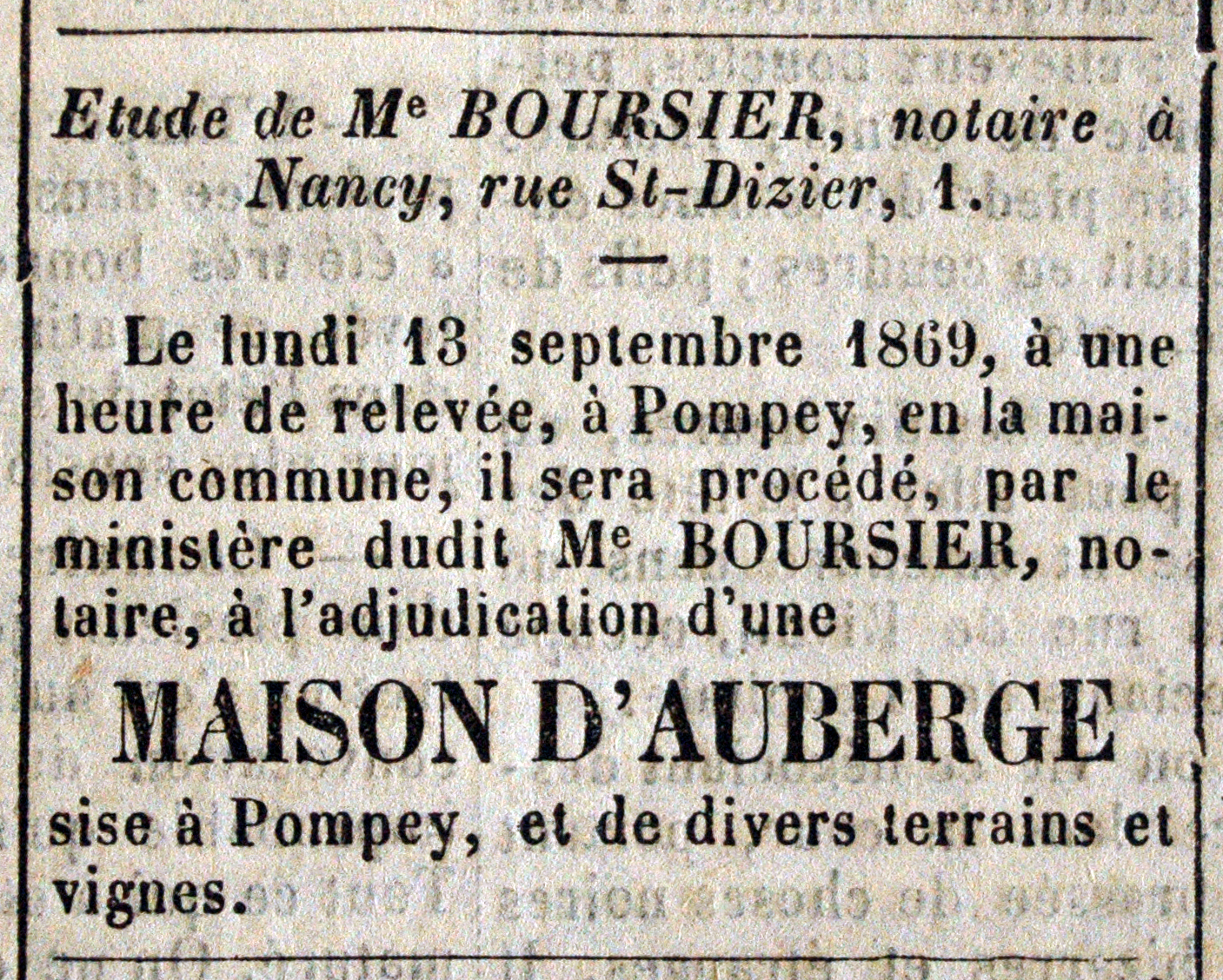 Adjudication d'un maison auberge à Pompey