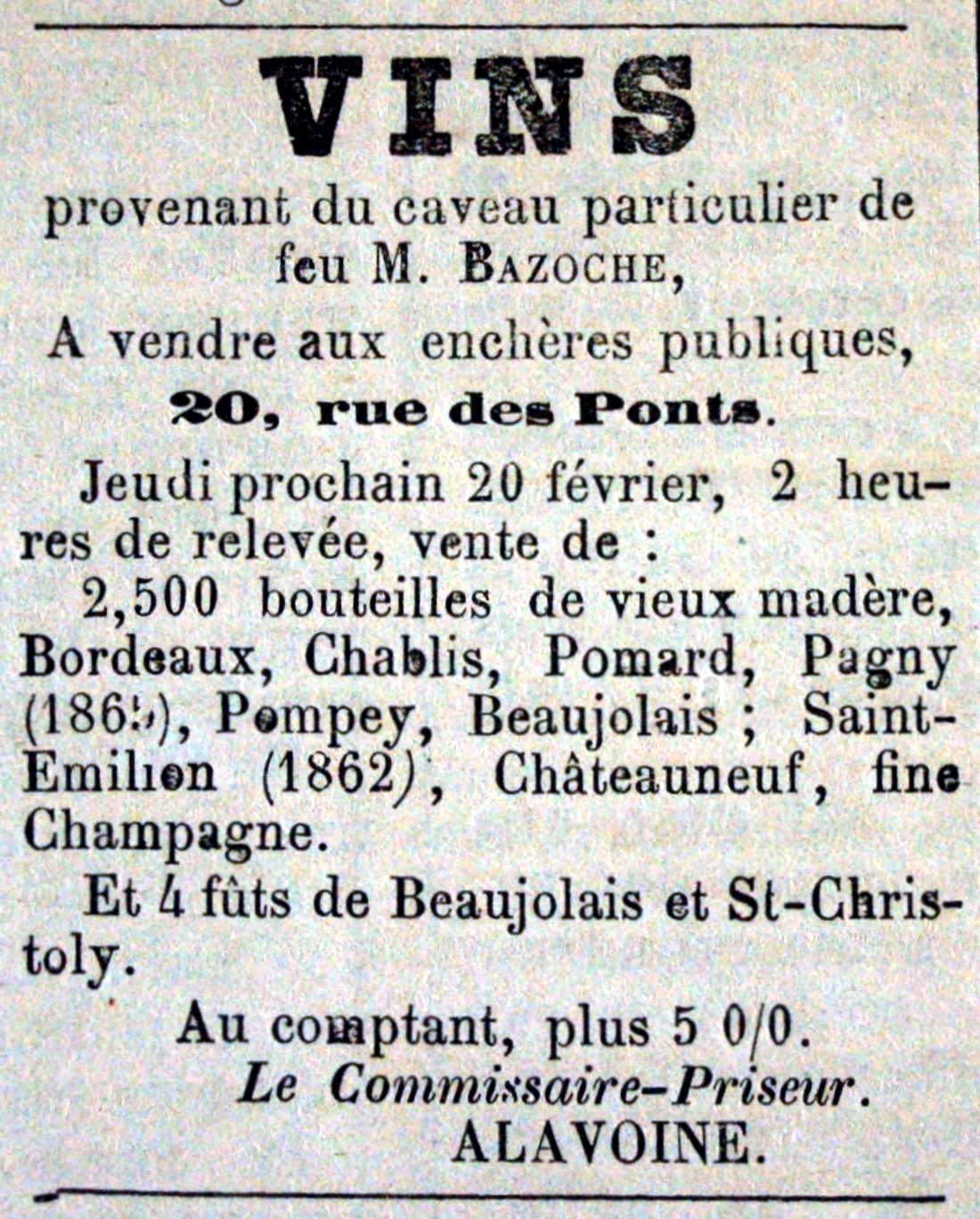 Vente de bouteilles de vin dont du Pompey