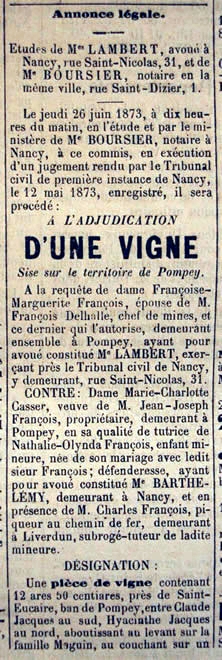 Adjudication d'une vigne sur le territoire de Pompey (1° partie)