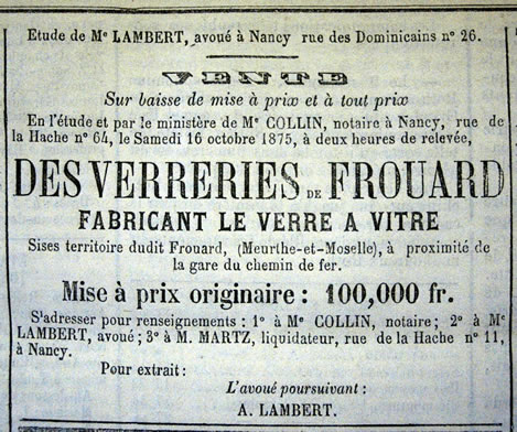 Vente d'une verrerie à Frouard