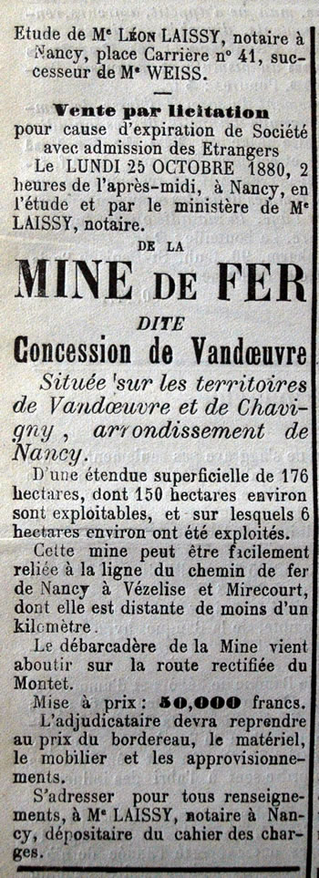 Vente d'une mine de fer, concession de Vandoeuvre