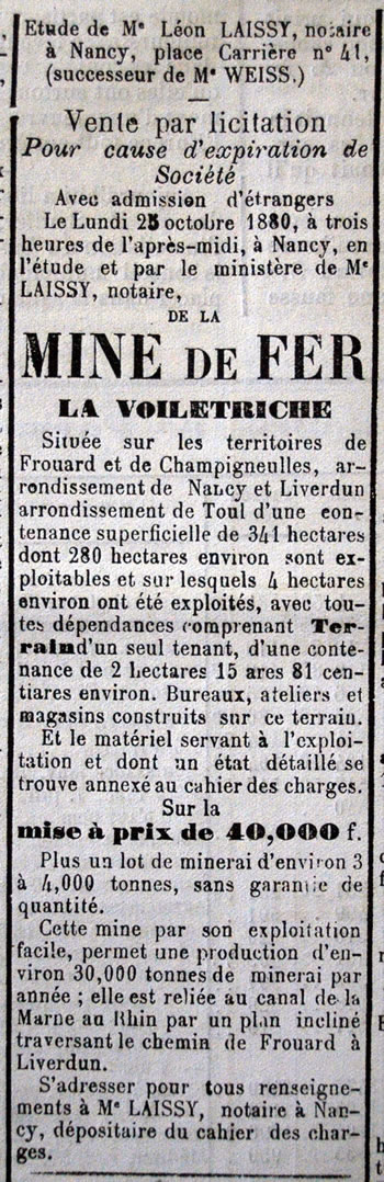 Vente de la mine de fer "La Voiletriche"