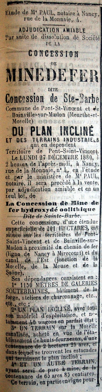 vente de la mine de fer, concession de Sainte-Barbe