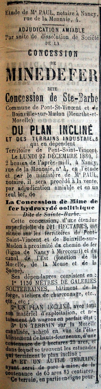 vente de la mine de fer, concession de Sainte-Barbe