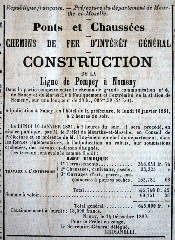 Avis de mise en adjudication des travaux de construction de la ligne de chemin de fer Pompey-Nomeny Avis de mise en adjudication des travaux de construction de la ligne de chemin de fer Pompey-Nomeny
