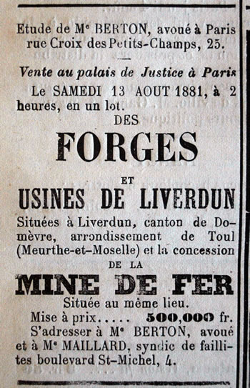 Annonce de la vente aux enchères de la forge, des usines et de la mine de fer de Liverdun