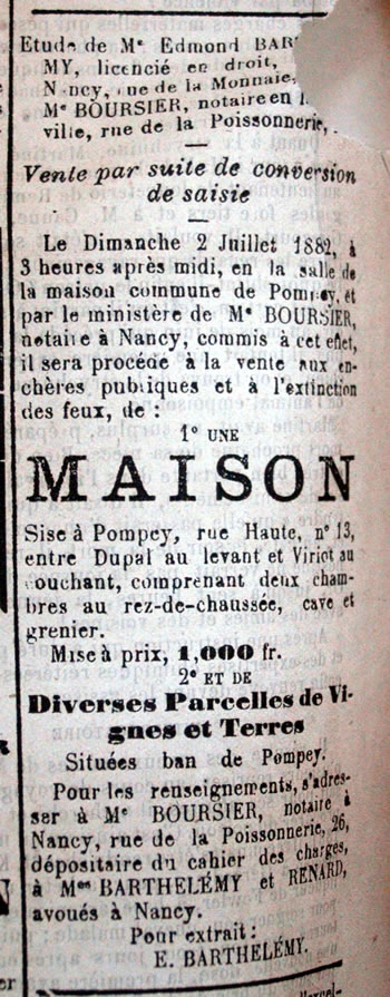 vente d'une maison à Pompey et de parcelles de terre