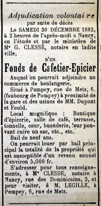 adjudication d'un fonds de Cafetier-Epicier à Pompey