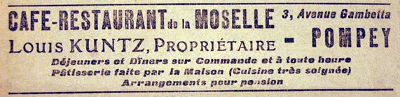 Publicité dans le journal l'Est Républicain du jeudi 17 avril 1919 pour le café KUNTZ à Pompey