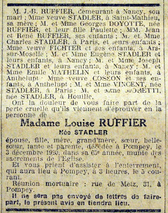 Avis de décès de Louise RUFFIER