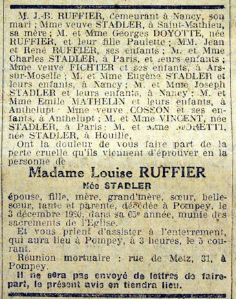 Avis de décès de Louise RUFFIER