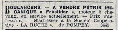 annonce de la vente d'un pétrin à la Ruche de Pompey