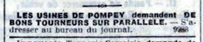 offre d'emplois de tourneur à l'usine de Pompey