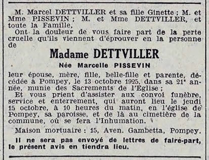 avis de décès de madame DETTVILLER