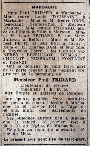 annonce du décès de monsieur Tridard de Marbache, ingénieur aux Aciéries de Pompey