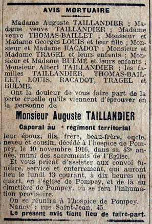 Avis de décès de Auguste Taillandier, mort au champ d'honneur