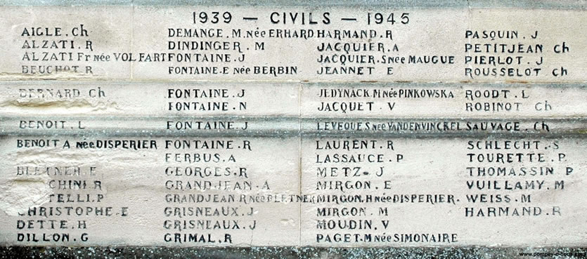 Liste des victimes civiles durant le conflit 1939-1945 gravée sur le monument aux Morts de Pompey