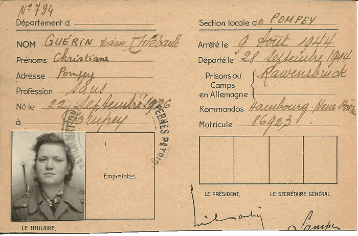 Carte de déportée à Rawensbruck de Christiane GUÉRIN-THIÉBAUT