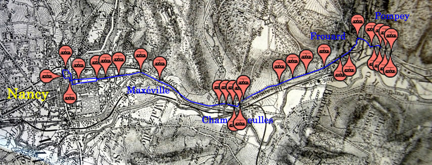 Plan du tramway, ligne de Nancy à Pompey