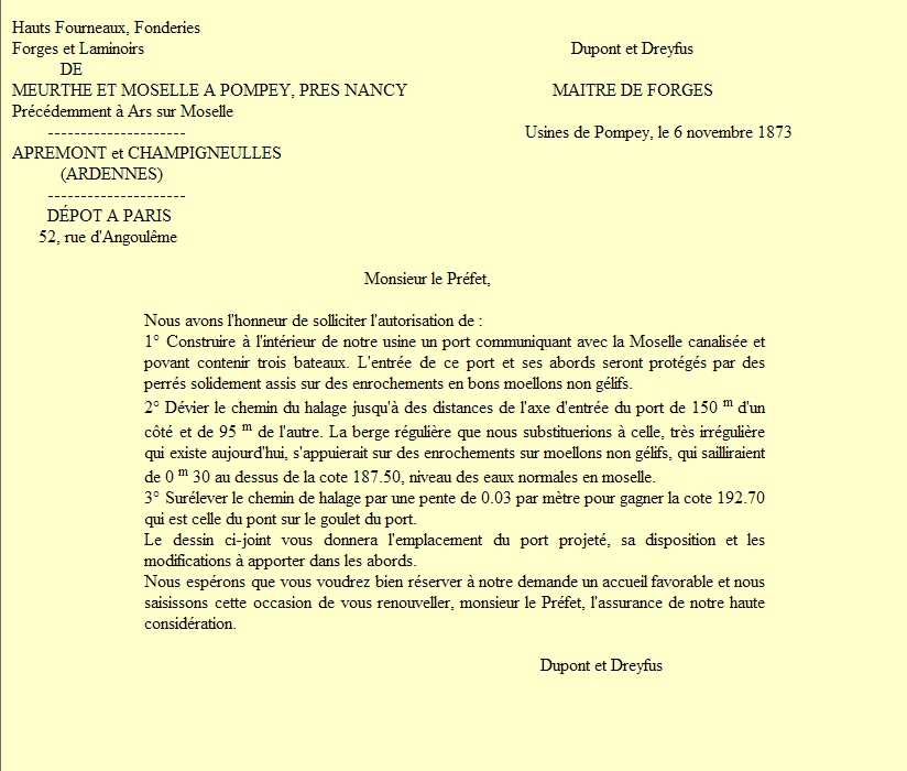 Première page d'un courrier de MM. Dupont et Dreyfus demandant l'autorisation de construire un port dans l'enceinte de l'usine